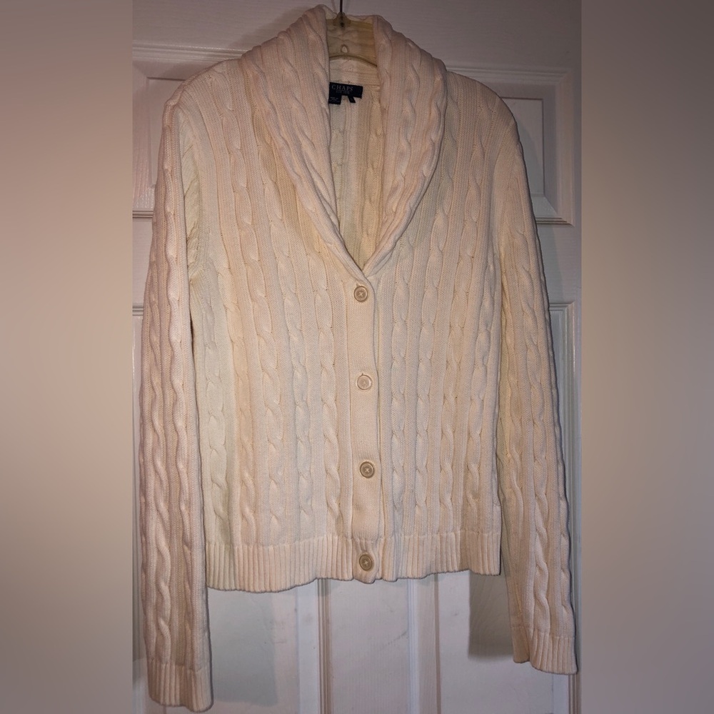 PREOWNED Vintage Chaps Classics Cable Knit Cardigan Ivory Womens Size LG